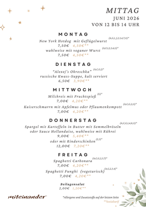 Dieses Bild zeigt die Mittagskarte des Café "miteinander" für Juni 2026